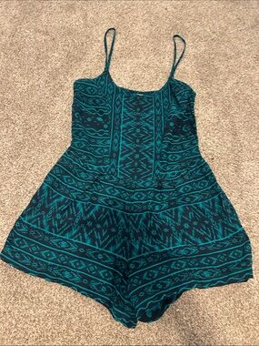 Girls Teal Patterned Spaghetti Strap One-Piece Romper